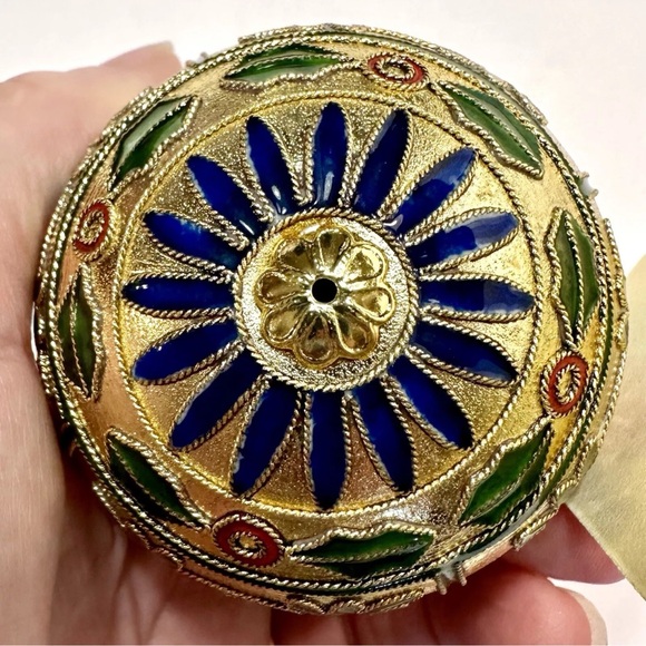 Cloisonné Enamel Ornament Gold Plate Red Blue Green Flower & Holly Artisan Made - Picture 6 of 13